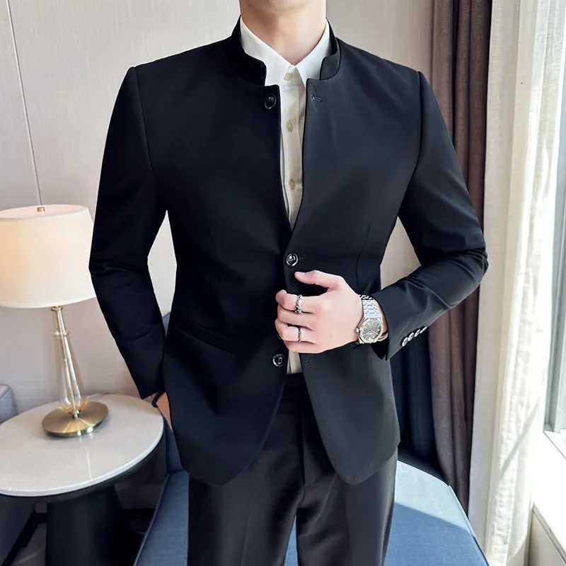 Highquality New Chinese Style Mens Suit Standing Collar Slim Fit ClassicBlazerPantsSolid Color Black 2 Pcs Wedding Dress W250910