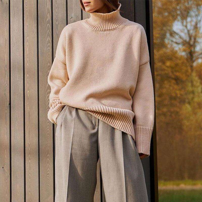 Pullover Solid Color Women's Autumn Winter Casual Loose Versatile Turtleneck Sweater B3