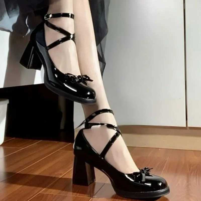 New Black Retro CrossTie Pumps Casual Summer Marry Janes Round Toe Shoes Ladies Lolita Sweet Fashion Shoes Woman Bow Design W250910
