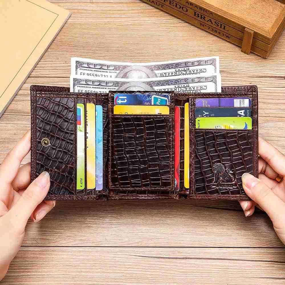 Genuine Cowhide Leather Mens Wallet CrocodileEmbossed Design with Large ID Window 15 Card Slots Builtin Zippered Coin Pocket Includes AntiTheft ChainZ