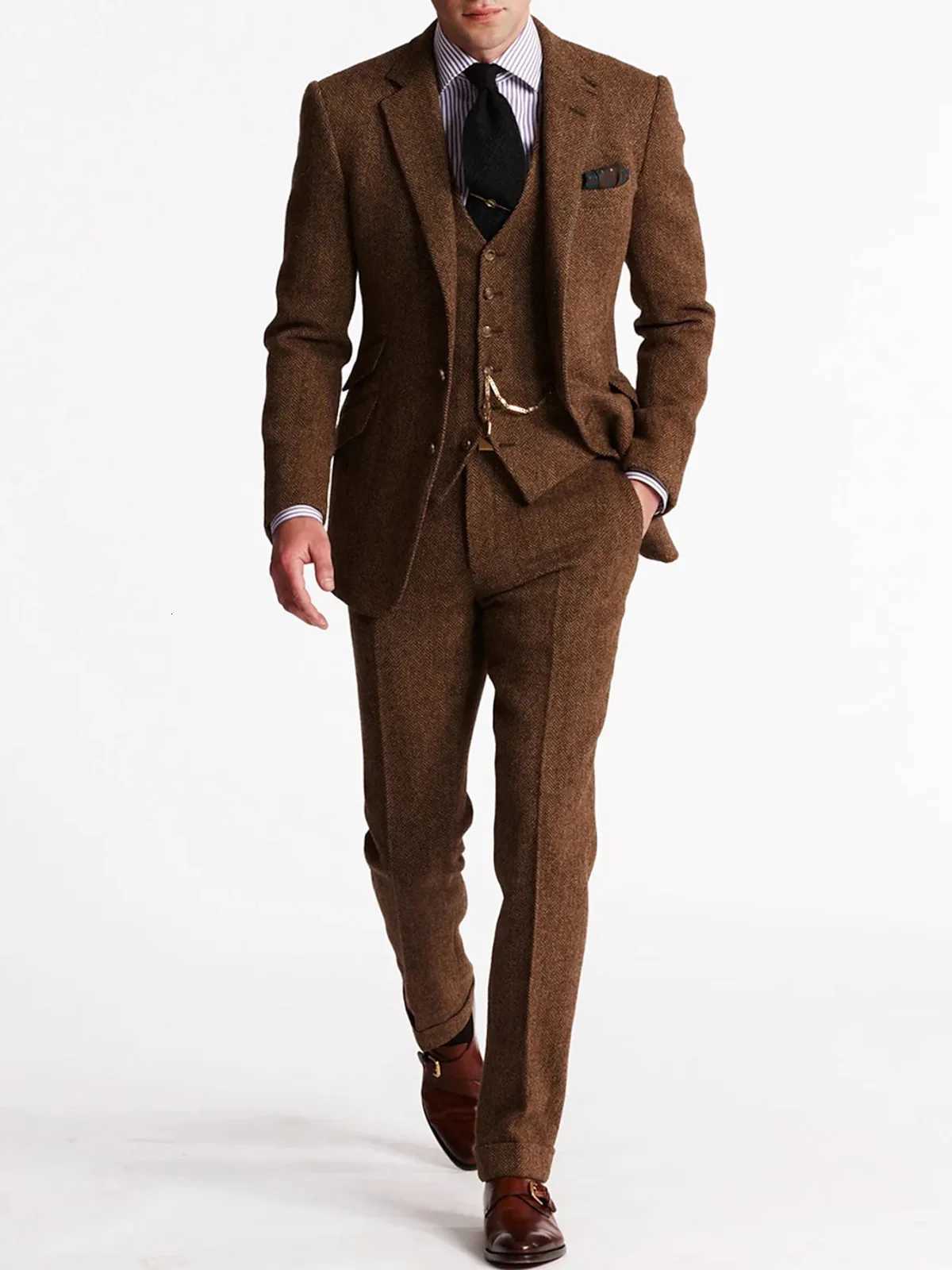 ANNIEBRITNEY Herringbone Tweed Suits for Men Slim Fit Tuxedo Man Suit Set Trajes De Hombre Anzug Herren Custom Made Men Suits W250910