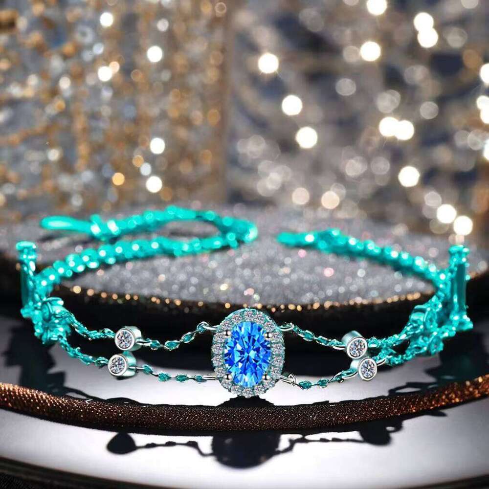 Sterling Sier Double Chain Moissanite Bracelet with Advanced Design Gold Blue Oval Fashionable Bangles