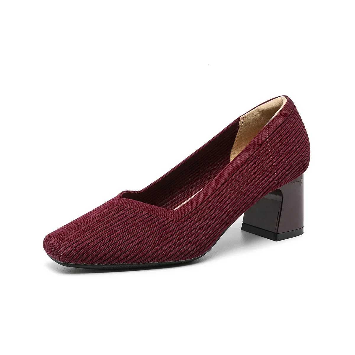 High Heels for Women 2025 New Square Head Vneck Solid Color Allmatch Single Shoes Slip on Breathable Knit Women Work Shoes W250910