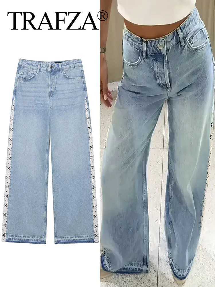 TRAFZA Womens Jean Lace Hollow Out Patchwork High Waist Denim Trouser Ladies Office Commute Streetwear Woman Wide Leg Long Pant Z250910