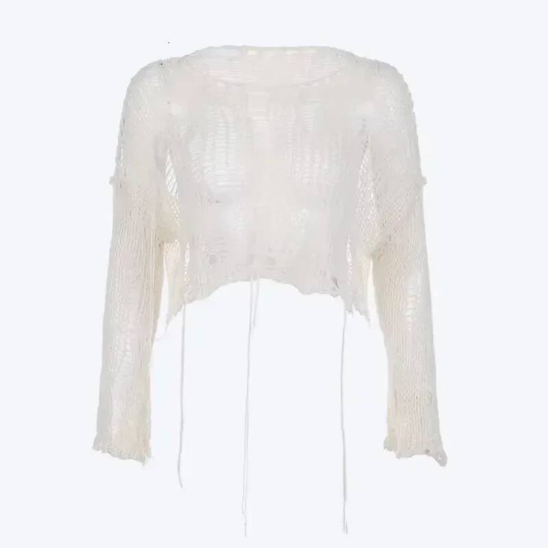 Sexy White Slash Neck Grunge Knitted Women's Sweater Hole Ripped Pullover Crop Top Haruku Hollow Out Fashion Summer Jumpers dongdumaoyi