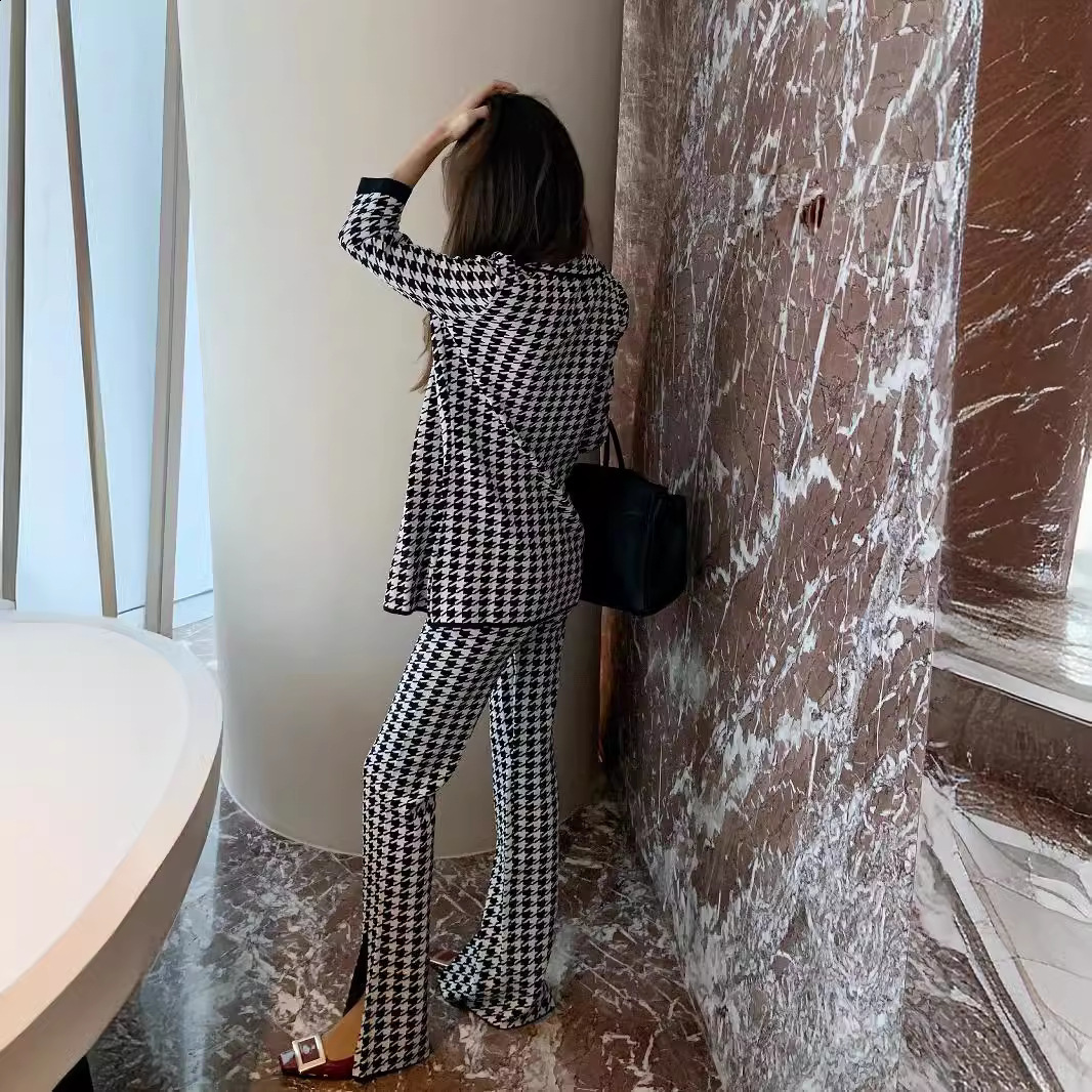Houndstooth Women Long Sleeve Turn down Collar Jacket & long Pants Autumn Winter 2 Pieces Set for Women Outfits Lady Pants Sets LJ201126