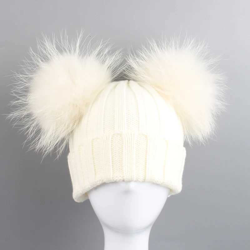 Two Pompom Fur Hat Baby Boy Girl Knitted Beanie Hat Winter Hat For Kids Children Double Real Natural Fur Pom HatXJ250910
