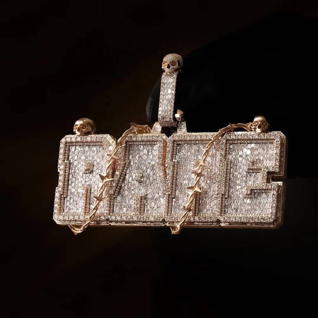 Custom Made Thorn And Birds Baguette Name Letter Pendant Rose Gold Over Sterling Silver Match 18MM Cuban Link Chain Necklace