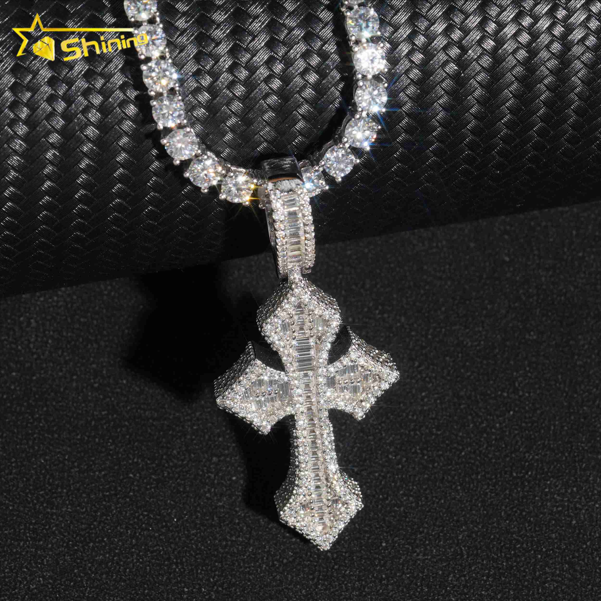 Wholesale Luxury baguette Diamond Pass Diamond Tester 925 Silver Hip Hop Iced Out Vvs Moissanite Cross Pendant