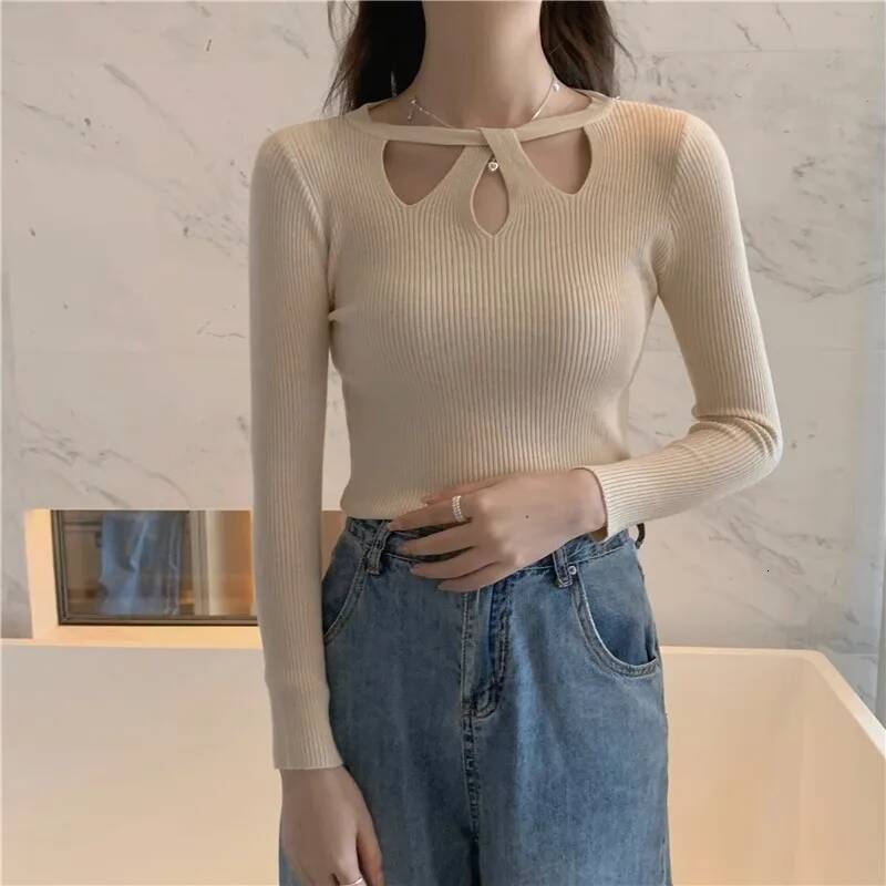 2024 New Autumn and Winter Women's Stretch Sexy Pullover Hollow Solid Color Slim Bottoming Shirt Sweater Ladies dongdumaoyi
