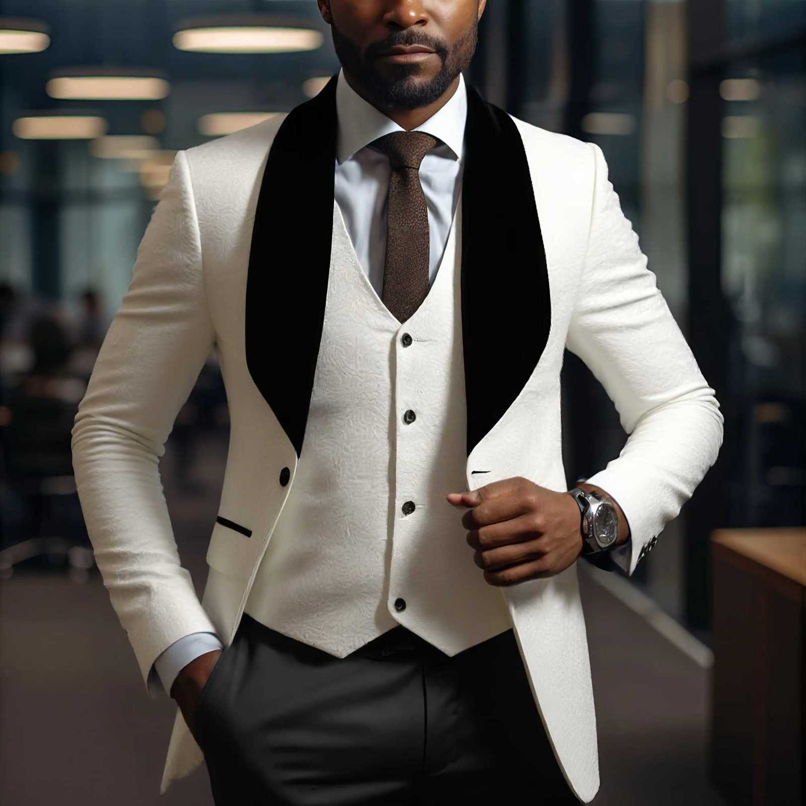 Mens 3 Piece Floral Tuxedo Jacquard Slim Suit Set Paisley Blazer Vest And Pants For Prom Wedding W250910
