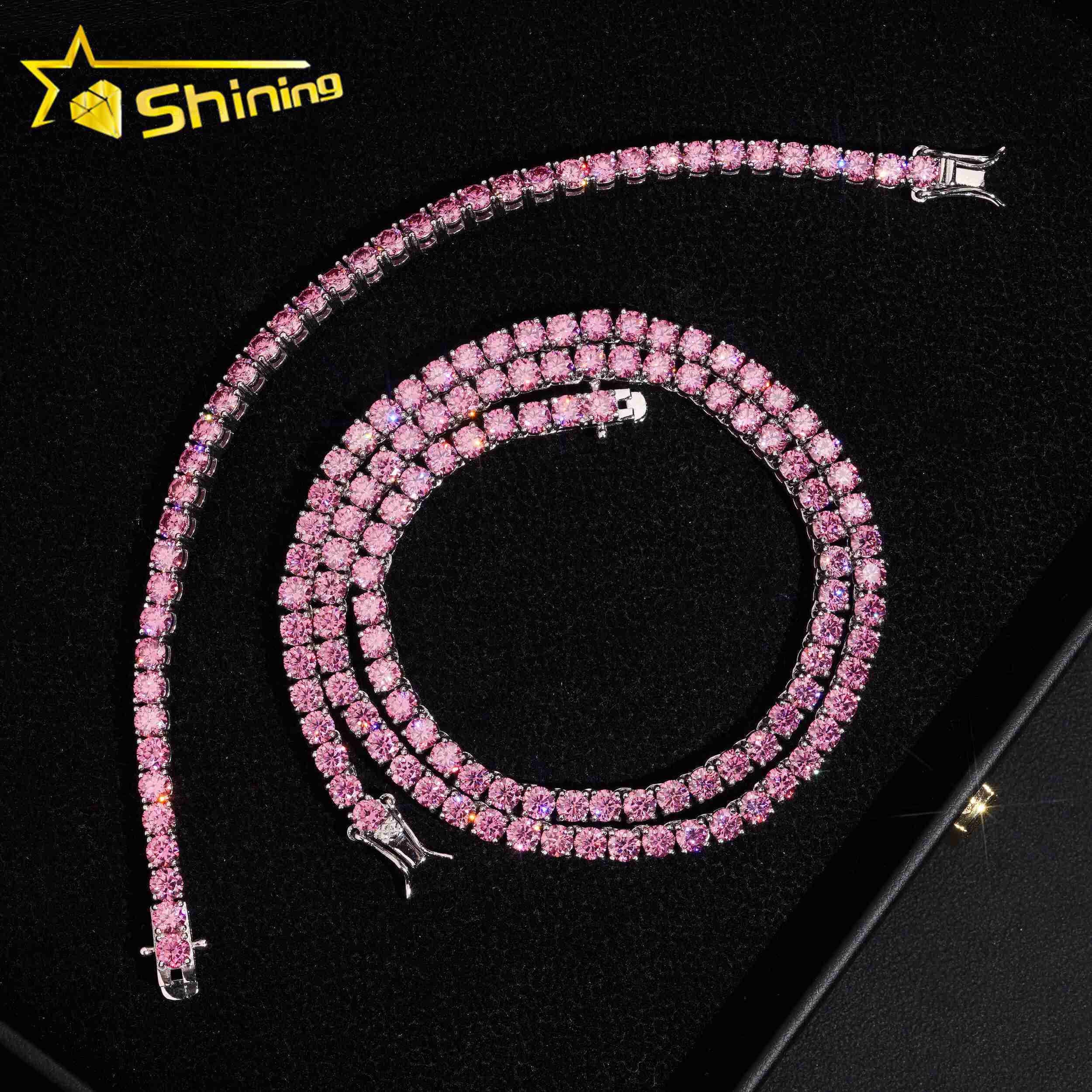 New Arrival 925 Silver 3mm 4mm Pink Color Moissanite Tennis Necklace Hip Hop Iced Out Men Women Choker Tennis Chains