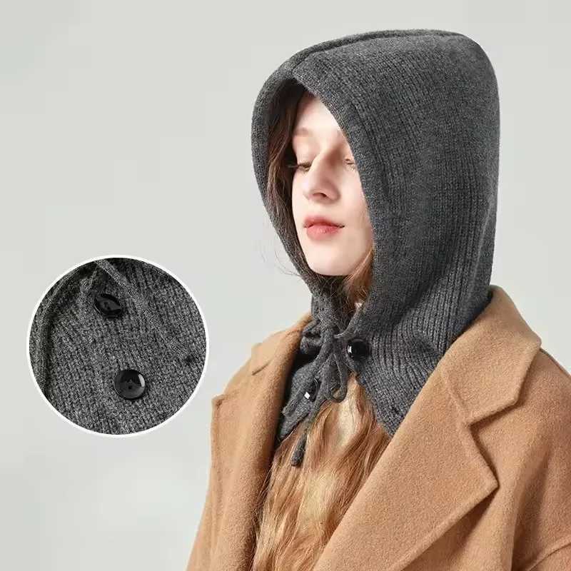 Knitted Hooded s Winter clava Hats Wen Korean Sty Outdoor Warmer Drawstring Hats Onepiece Neck Collar Beanies G250910