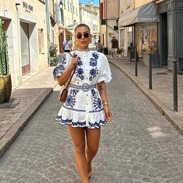 2025 Spring New European design and American Fashion Women's Fashion Printed Single breasted Stand collar Fluffy Short sleeved Dress Designer Dre