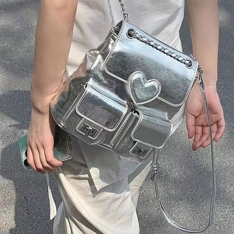 Richme Y2K Sier Women Backpacks Fashion Designer Mochila Femenina Heart Shaped Small Capacity Commute Bolso Mujer high-quality