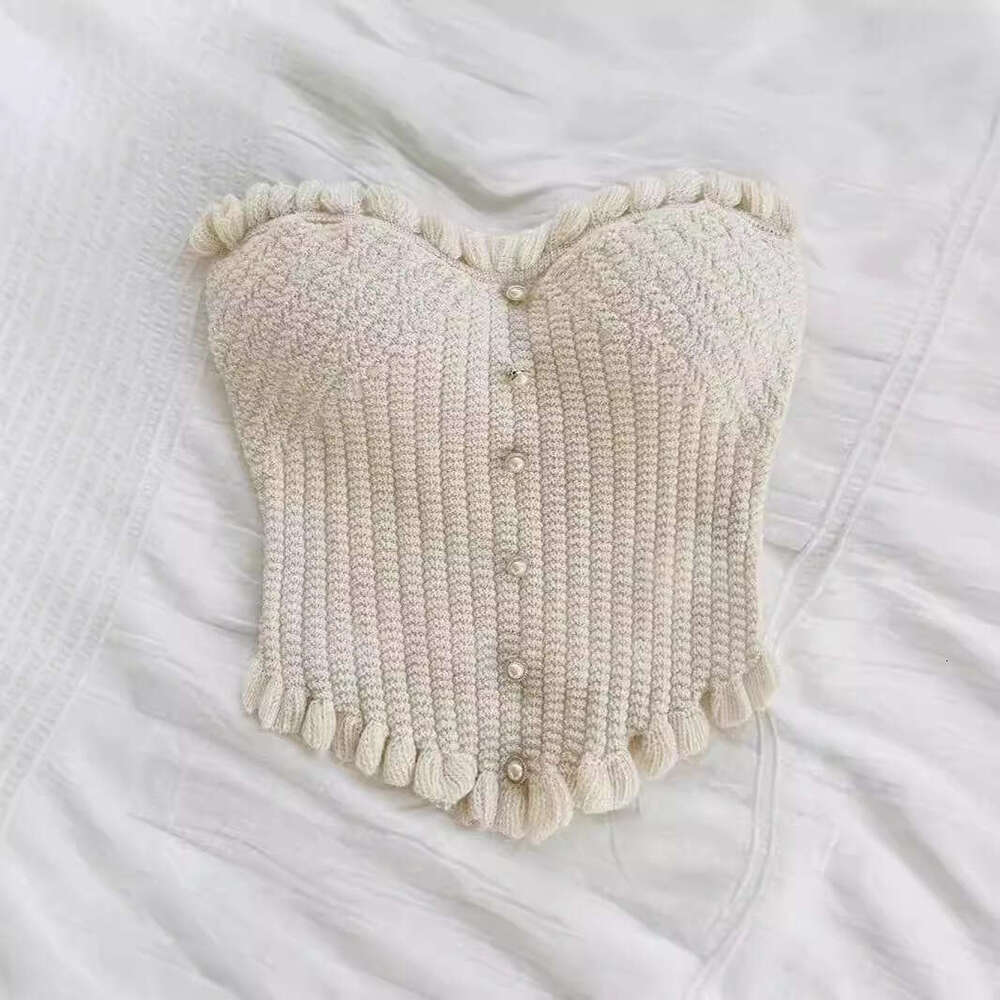Fashionable Sexy Versatile Heart White Pearl Decorated Knitted Tube Top For Women B3