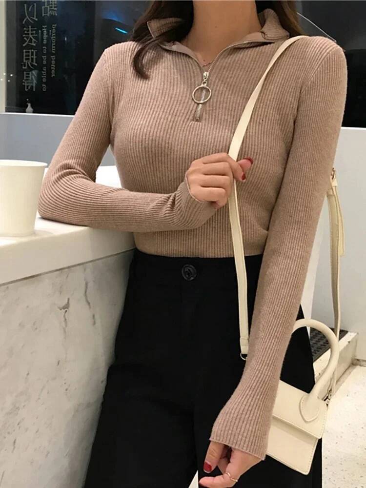 2025 Korea Knitted Zipper High Neck Sweater Pullovers Turtleneck Autumn Winter Basic Women Sweaters Slim Fit Pull Femme dongdumaoyi