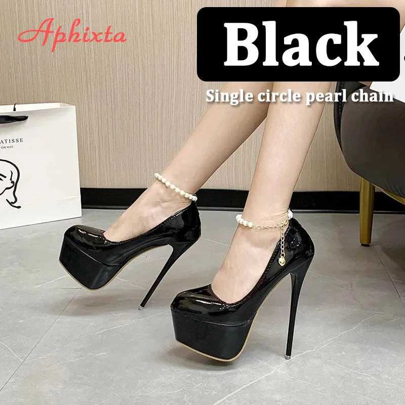 Aphixta Pearl Chain Party Disco Dance Pumps Women 55cm Platform Belt Pimp Buckle 16cm Super High Thin Heels Shoes Big Size 50 W250910