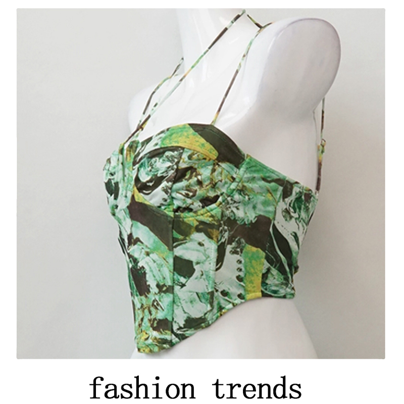 Skirts Women's Green Abstract Print Two - Piece Set: Halter Cami Top and Mini Skirt, Fashion Trendy Outfit