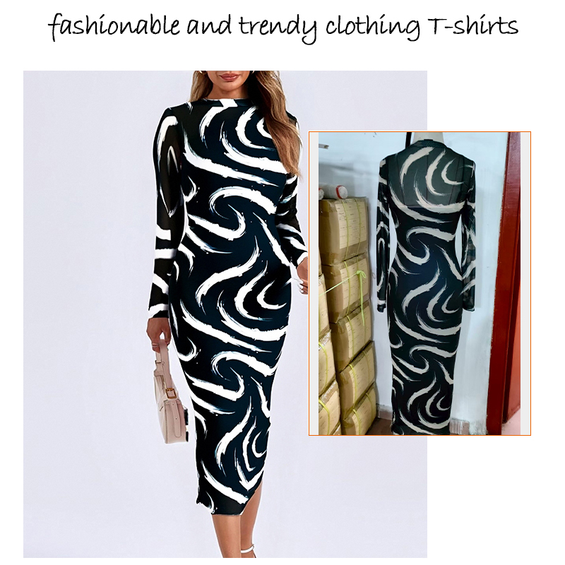 Basic Women's Sheer Mesh Long Sleeve Bodycon Dress with Abstract Swirl Print, Elegant Party Midi Dress