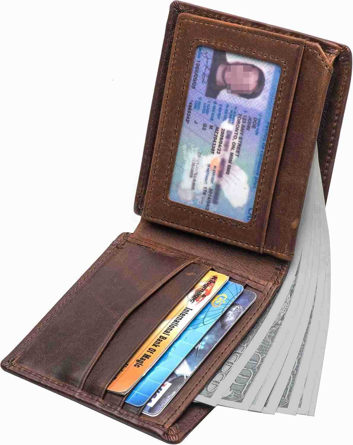 RFID Blocking Genuine Leather Bifold Wallet for Men with Zipper and 2 ID WindowsZ250910