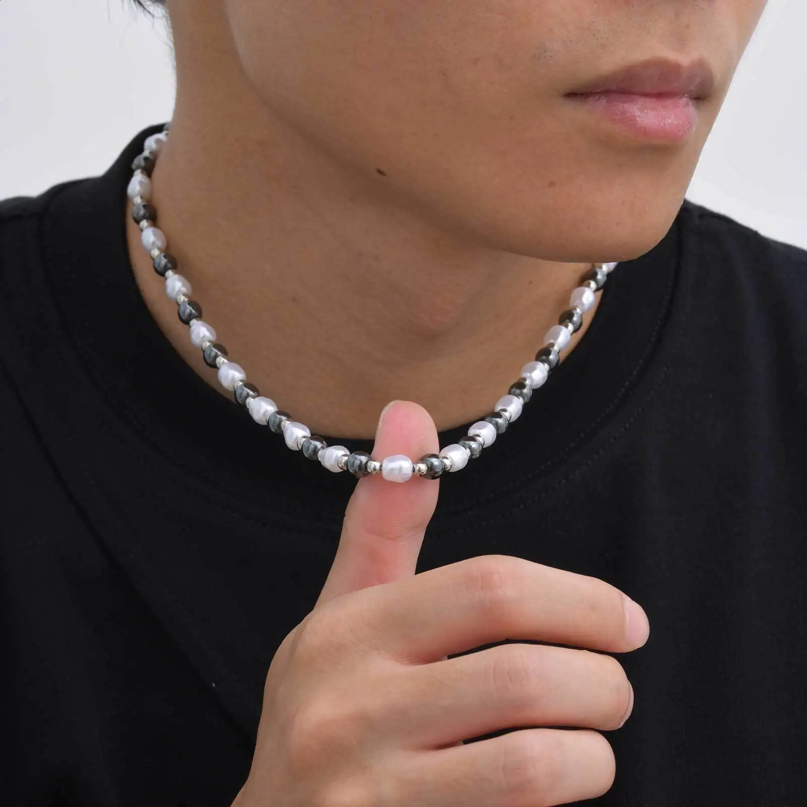 Pearl Bead Necklace for Men BoysNatural Hematite Beaded CollarsHip Hop Simple Jewelry Gifts250909