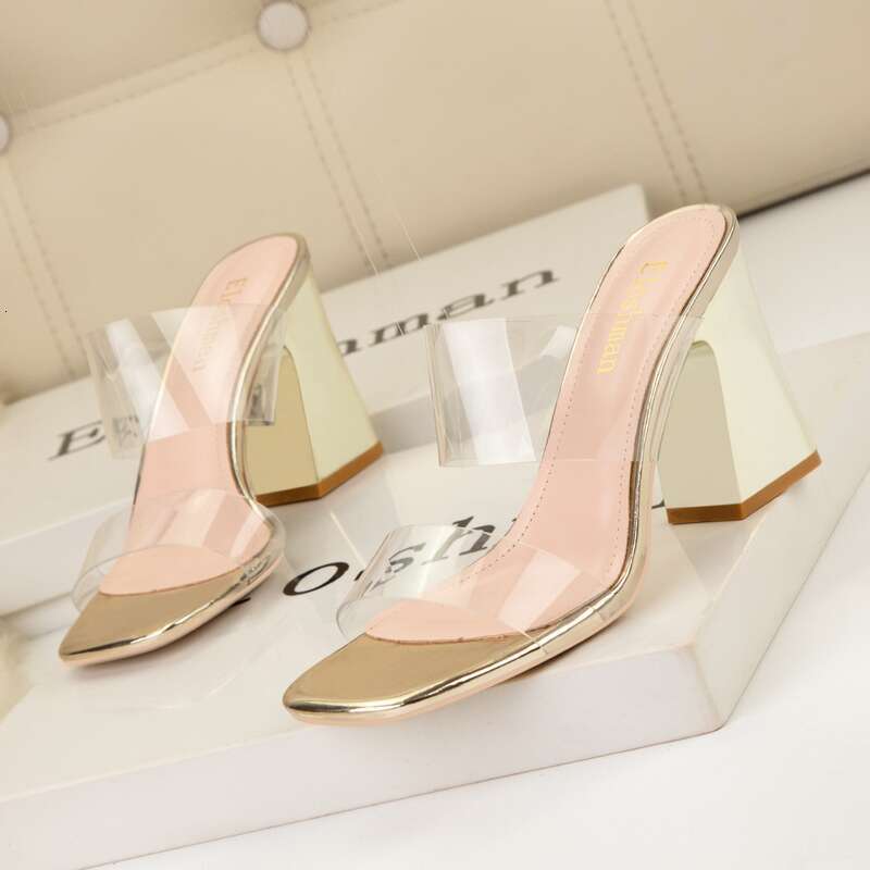 Women's Pumps Style Simple Sexy Banquet Strappy Women's Sandals Square Transparent Thick Open Toe High Heel Slippers