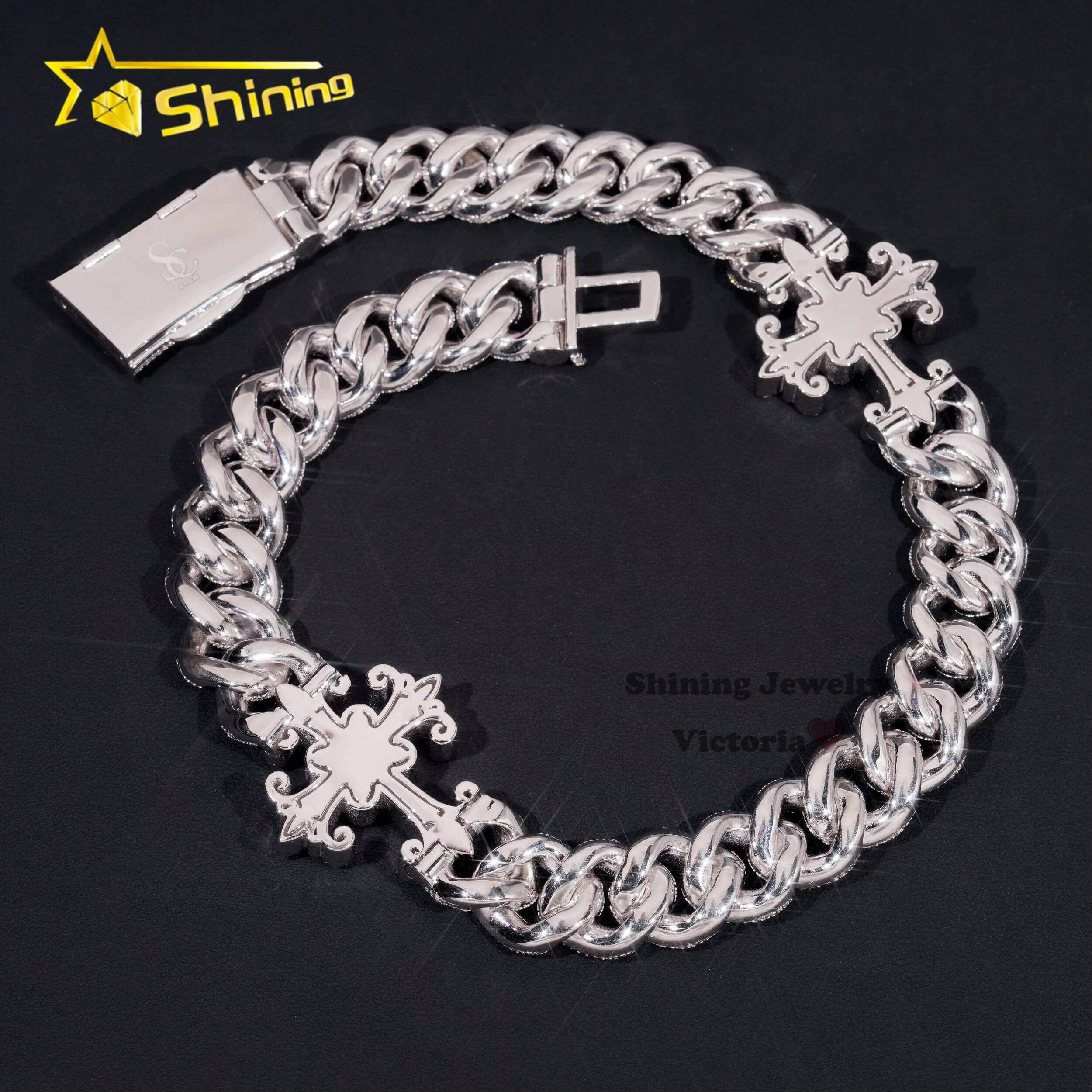 Custom Luxury Heavy Chain for Men 18MM Soild Silver Rappers Necklace Hip Hop Jewelry VVS Moissanite Diamond Cross Cuban Chain