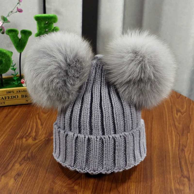 Winter Baby Knit Hat With Two natural Pompoms Boy Girls Natural Fur Beanie Kids Cs Double Real Fur Pom Hat for ChildrenXJ250910