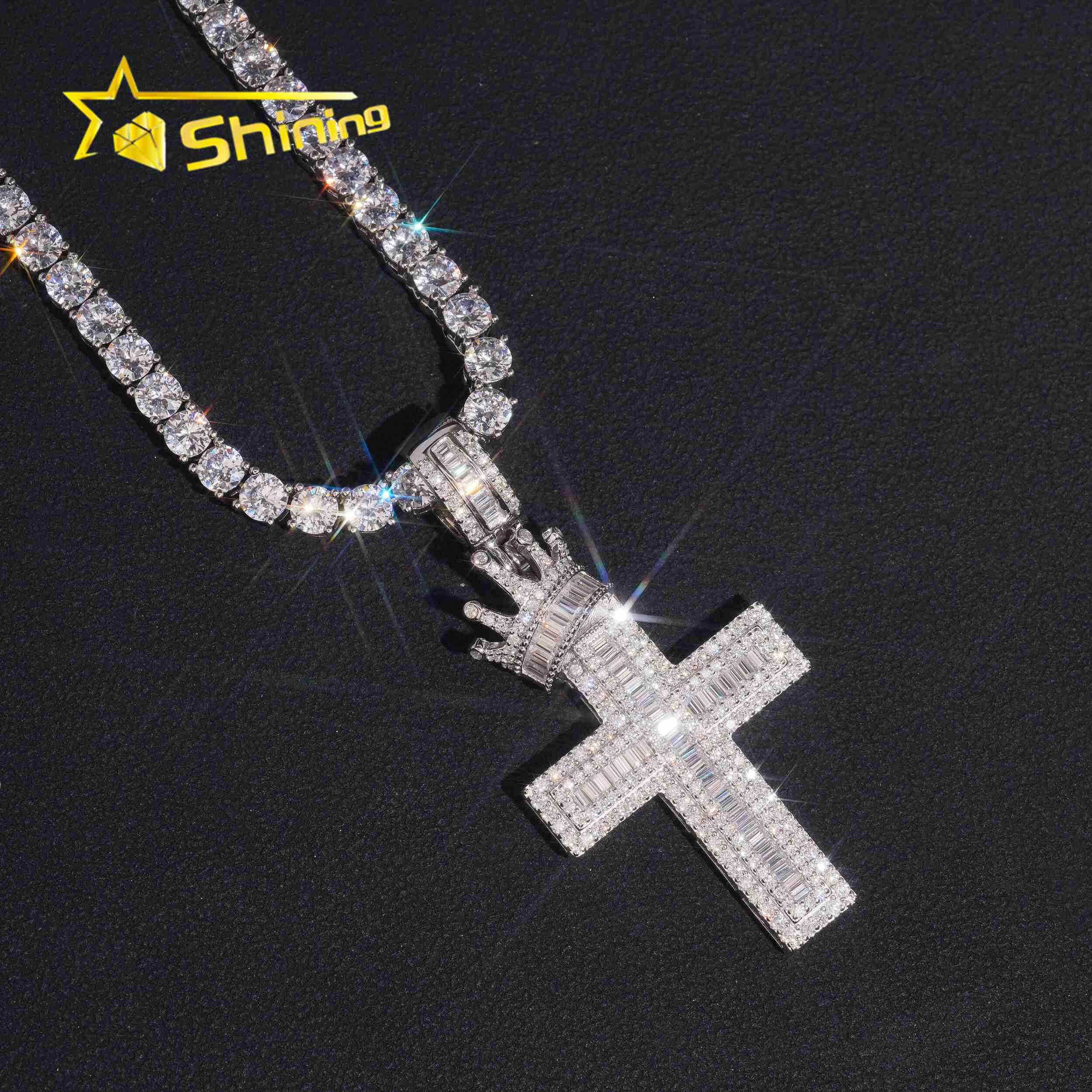 Crown Bail Baugette Moissanite Cross Charm 925 Sterling Silver Gold Plated Iced Out GRA Moissanite Pass Diamond Tester Pendant