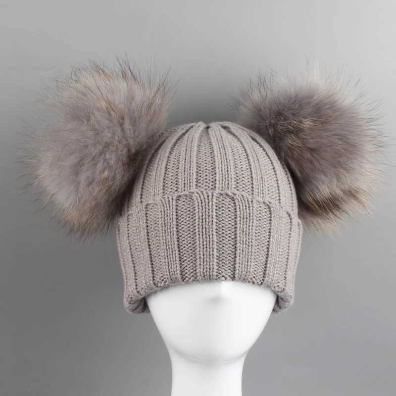 Two Pompom Fur Hat Baby Boy Girl Knitted Beanie Hat Winter Hat For Kids Children Double Real Natural Fur Pom HatXJ250910