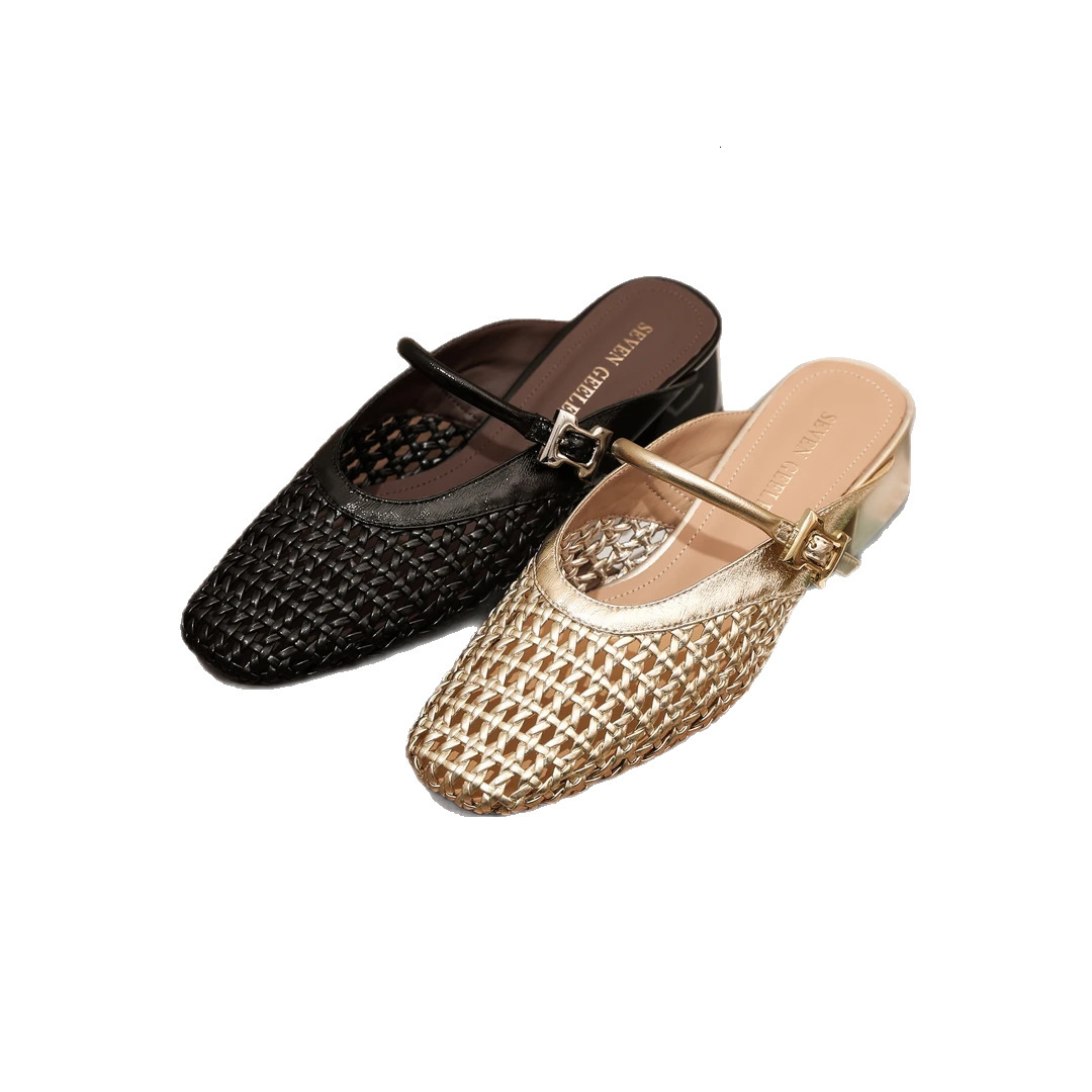 Designer high heels with mesh hollow toe closed flat shoes women's single strap woven half slippers simple high heels lazy slippers