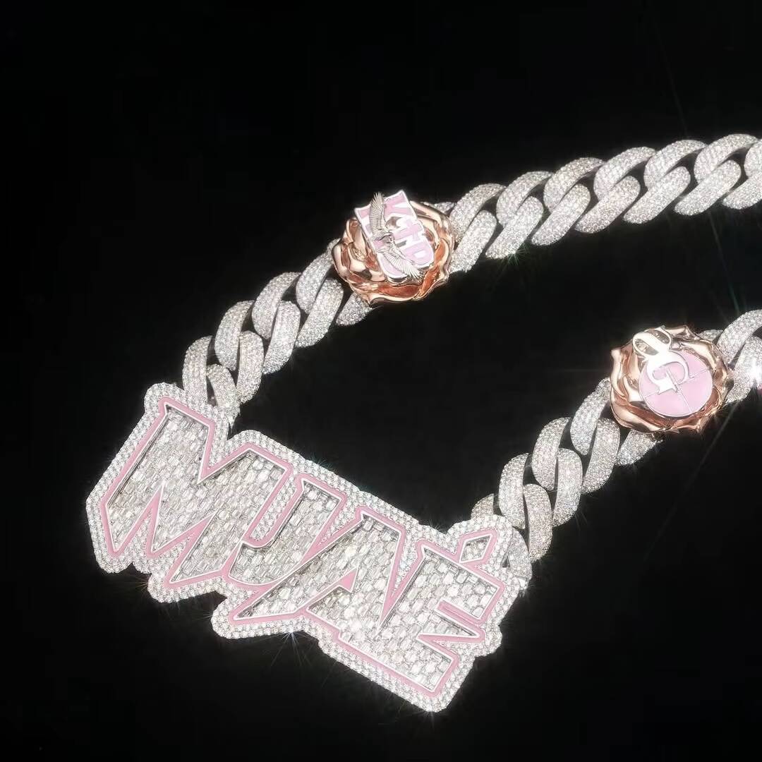 10K Solid White Gold VVS1 Lab Grown Diamond Jewelry Luxury Design Pink Enamel Baguette Diamond Name Cuban Chain Necklace