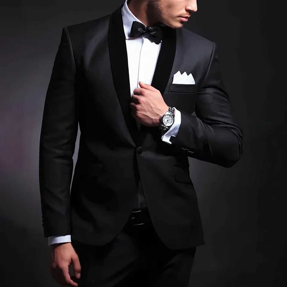 Black Men Suits Wedding Tuxedos One Button Skinny Male Clothing Velvet Shawl Lapel 2 Piece Jakcet Pants Slim Fit Male Clothing W250910
