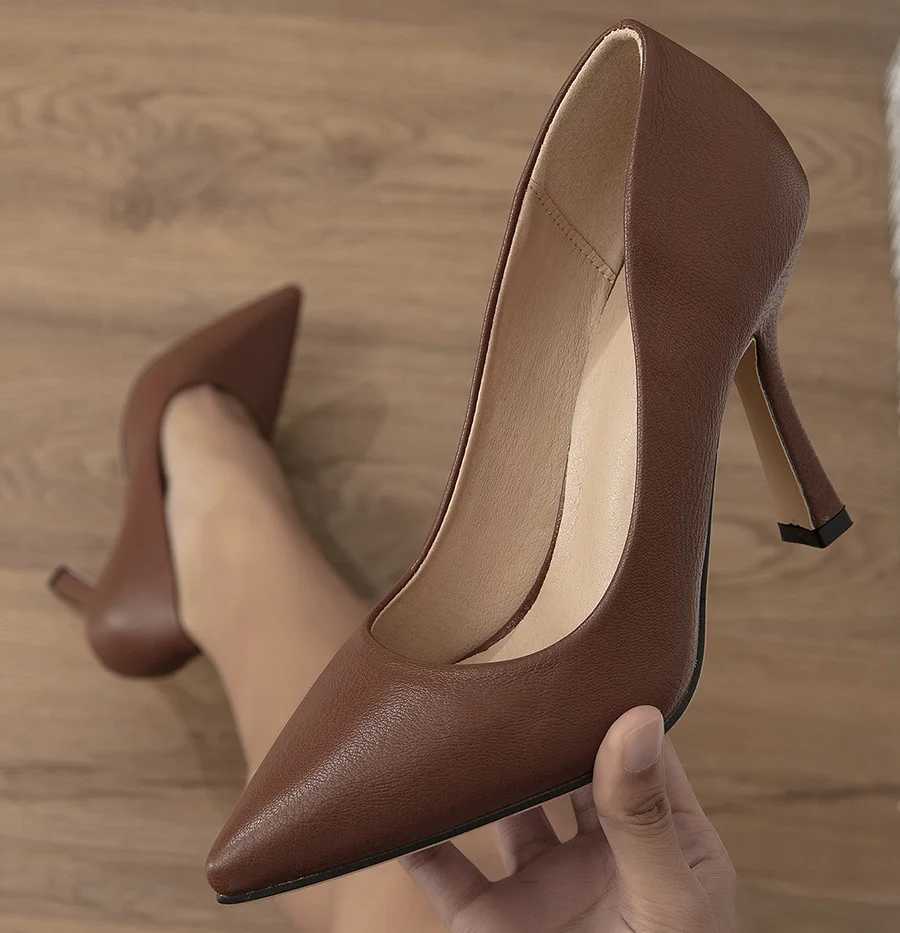 EAGSITY cow leather Brown Pumps stiletto heel shoes women pointed toe high heel shoes wedding office ladies dress party W250910