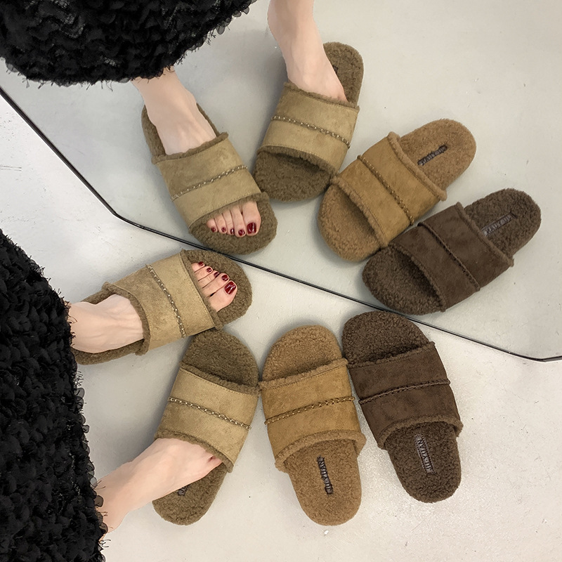 Autumn designer women's shoes thick soled slip on fur women's slippers for outdoor wear new slip on lazy shoes women's flat shoes