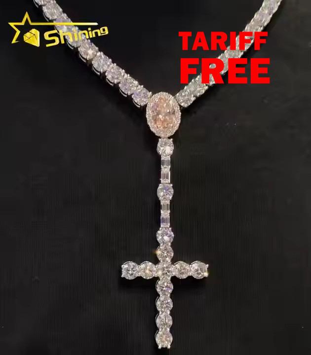 Trendy New Arrivals Iced Out 925 Tennis Chain Pendant Set Custom Made ManufaMoissaniteurer VVS Moissanite Diamond Cross Pendant Necklace