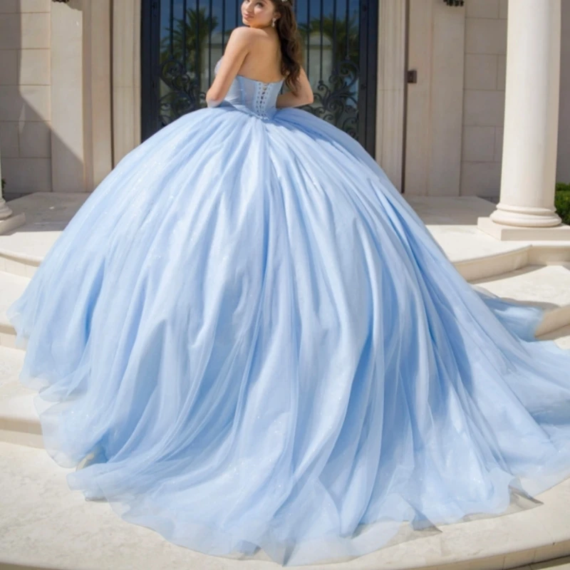 Sky Blue Shiny Quinceanera Dresses Ball Gown Off The Shoulder Beading Crystal Corset Tull Sweet 16 Dress Vestidos 15 De Anos