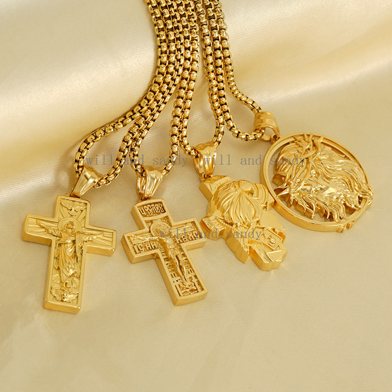 Non Tarnish 18K Gold Christian Necklace Statue Virgin Mary Jesus Cross Pendant Necklace Designer Jewelry Madonna Hip Hop Gold Necklaces for Woman Amul