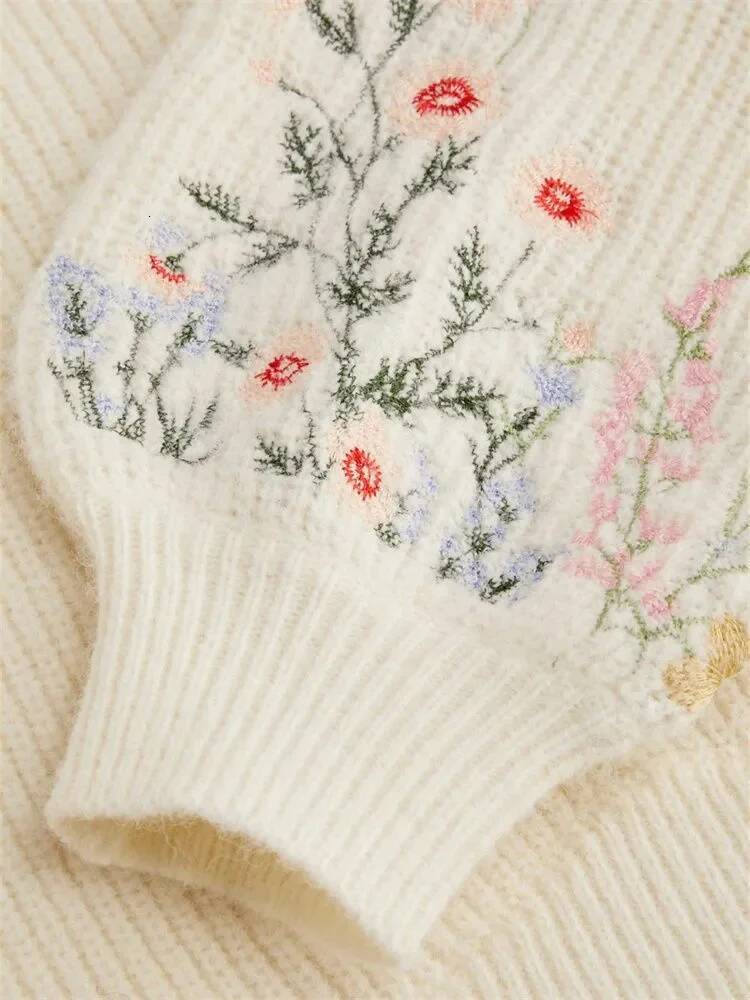 Casual Floral Embroidery Lantern Long Sleeve for Women Autumn Winter Elegant Mock Neck Cropped Knit Sweater Pullover Top dongdumaoyi