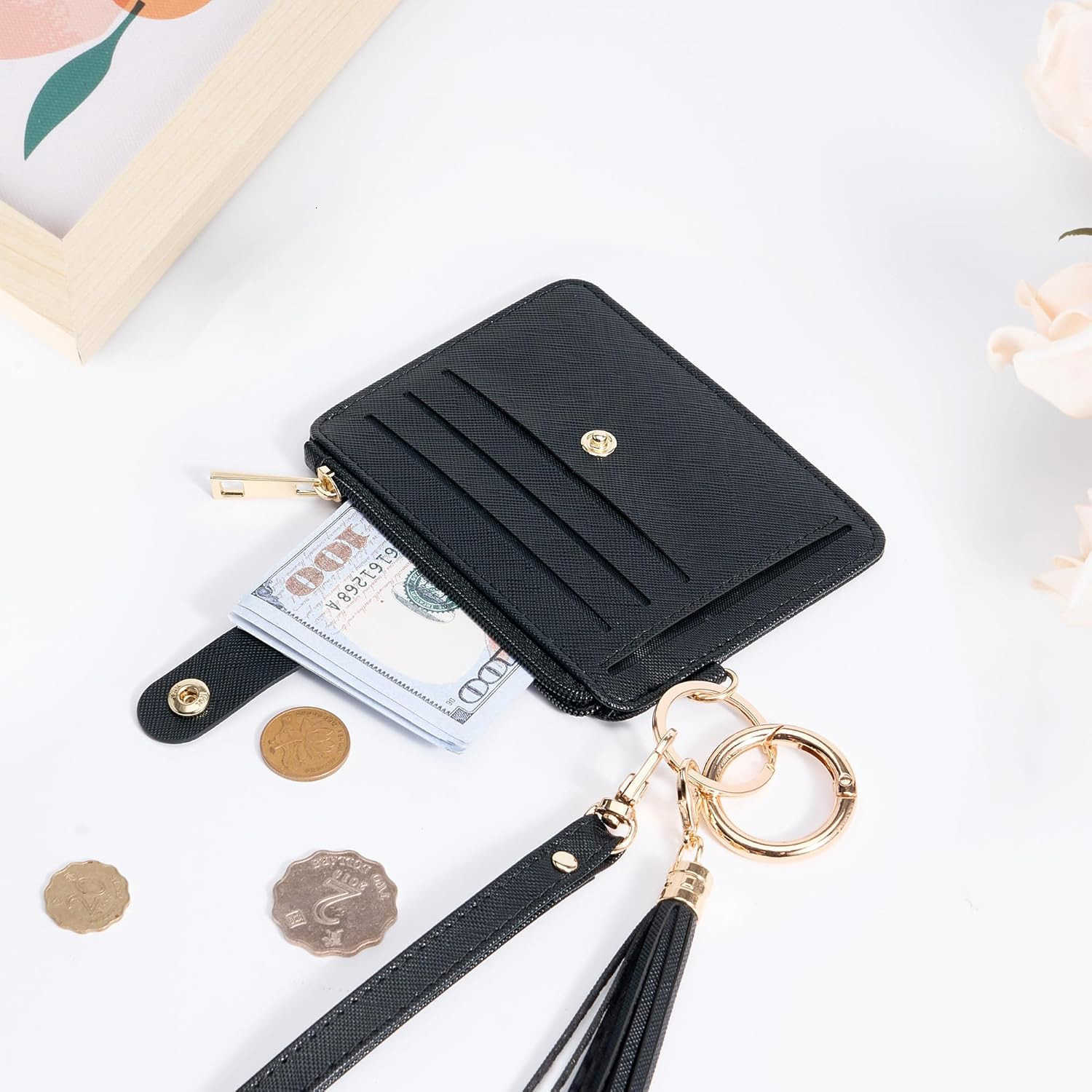 Keychain Wallet with Bracelet RFID Blocking Wristlet Credit Purse Card Holder Silicone Bead Tassel Key Ring for WomenZ250910
