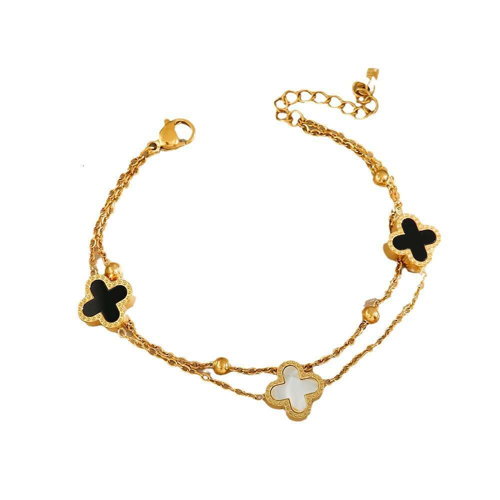 Korean Style Simple Double-Sided Four-Leaf Clover Bracelet for Women Fashion Double Layer Chain Titanium Steel Gold Sweet Temperament Jewelry