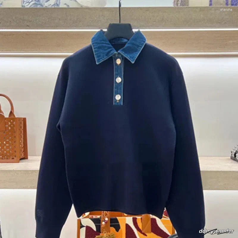 Women's Loose Knit Pullover Sweater - Denim Detail Collar, Long Sleeve Autumn/Winter Top ddmywonder ddmywonder
