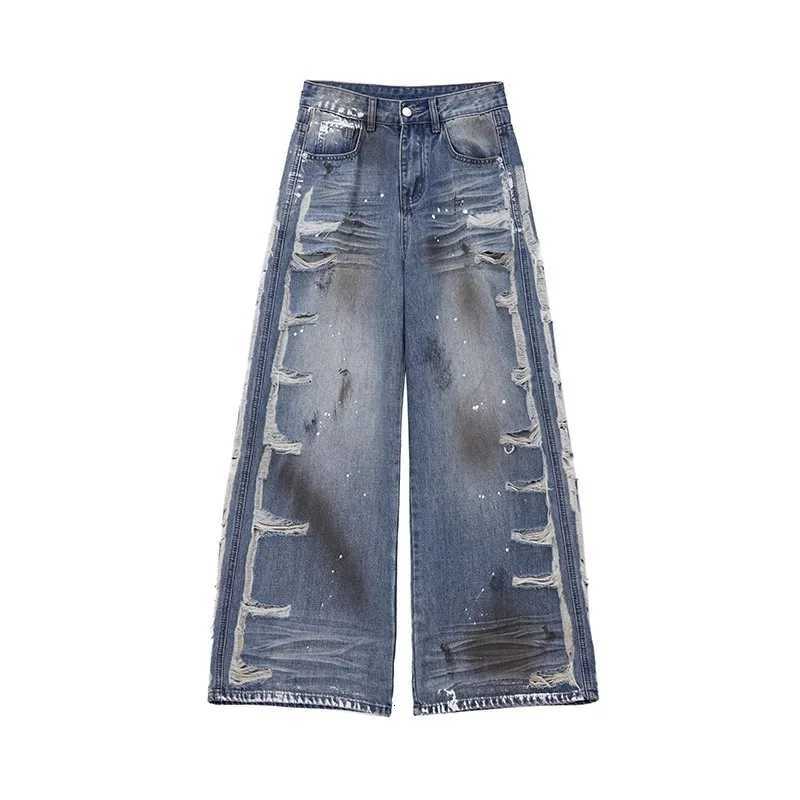 Loose Fit Wide Leg Distressed Denim Pants Women Vintage High Waist Ripped Jeans Light Wash Raw Hem Casual Y2K Street Fashion XL Z250910