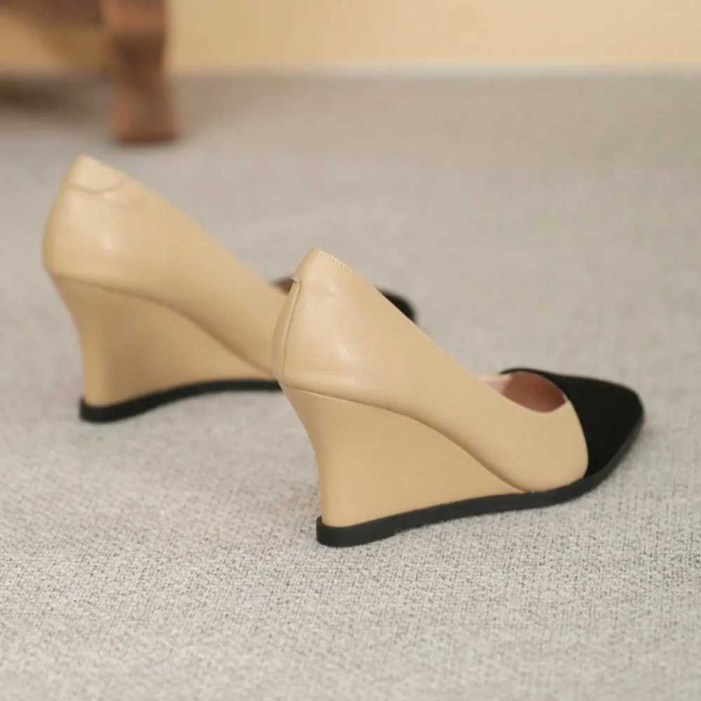 Women Leather Pointed Toe Wedges High Heel 5cm8cm Slip on Comfortable Soft Sole Work Shoes Wide Heels Women Pumps Women Shoes W250910