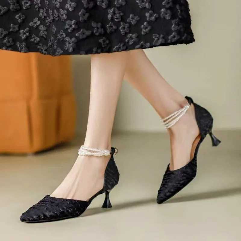 Womens Single Shoes with Pearl Straight Buckle Strap Low Heel Pointed Toe 2025 New Spring Outdoor PU Apricotblack Low Top Shoes W250910
