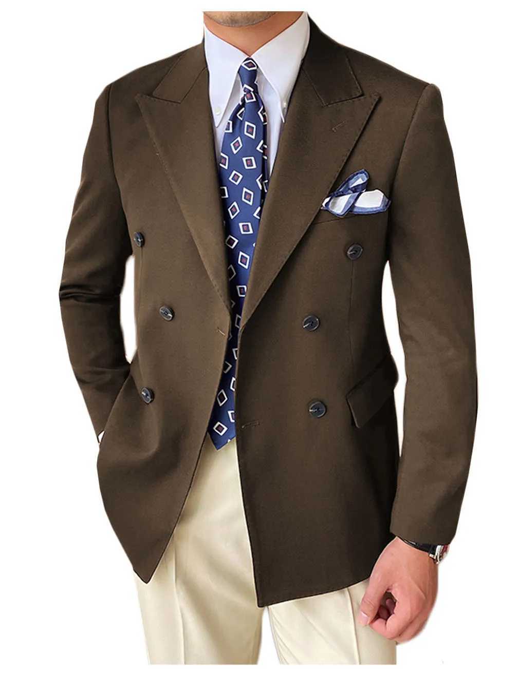 High Quality Brown Mens Suits Double Breasted Bespoke Double Breasted Peaked Lapel Formal Blazer Slim Fit Jacket Piece W250910