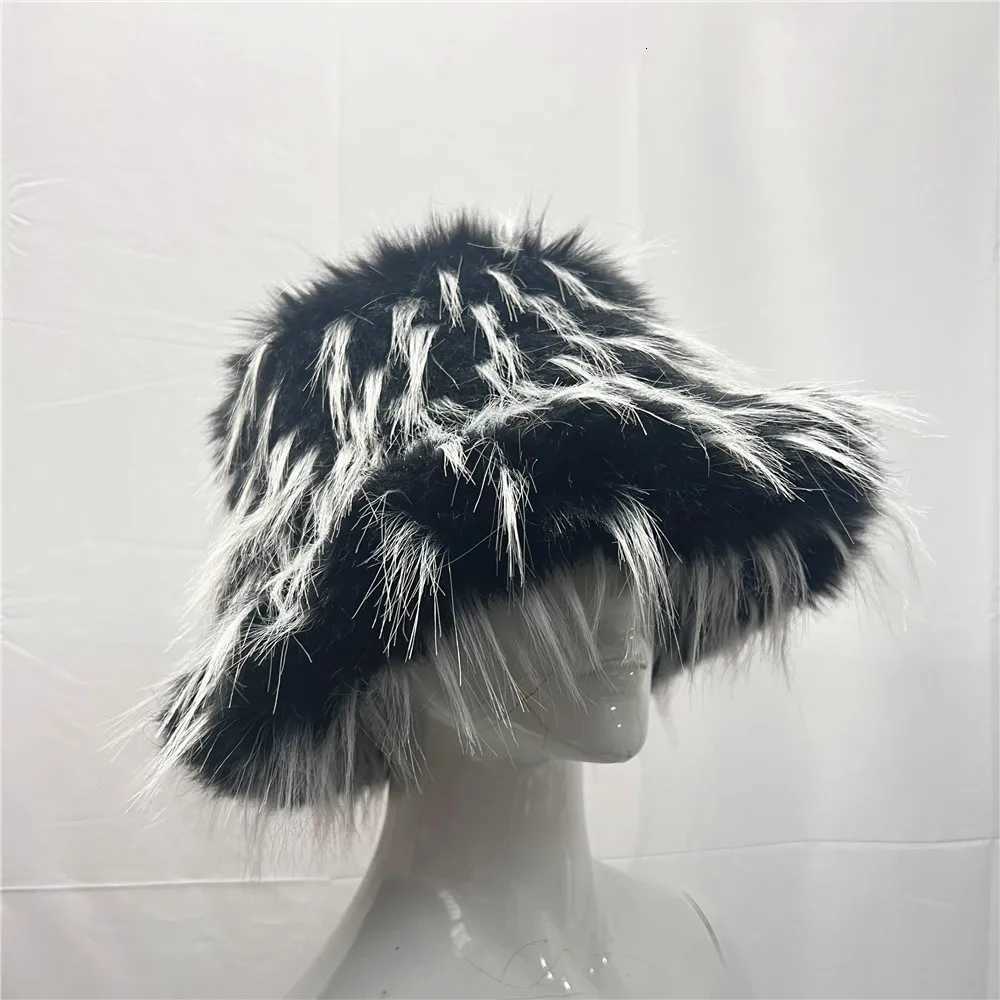 Big Faux Fur Hat Women Elegant Autumn Winter Fur Luxury Fashion Party Panama Fisherman Hat Warm Bucket Hat 2023XJ250910