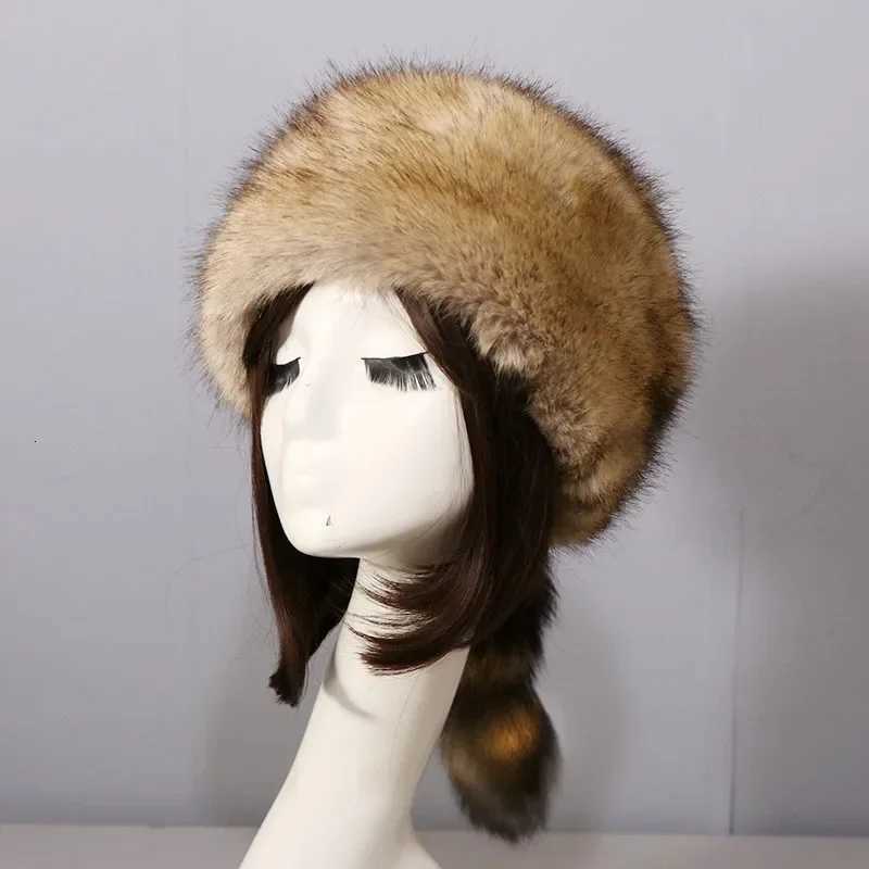 Imitation Fur Hat Round Flat Hat Autumn Winter New Raccoon Tail Fluffy Warm Ear Hats for WomenXJ250910