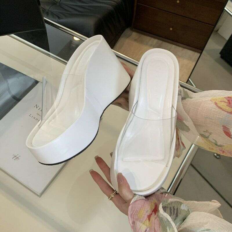 Trendy Designer Shoe Transpnt Wedge Sandals for Women 2025 Summer Small Size Thick Sole Slimming Fairy Style Slip-On Slides